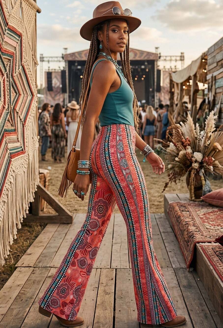 Love B Boho Medallion Tribal Mixed Print Flare Leg Pants Size L